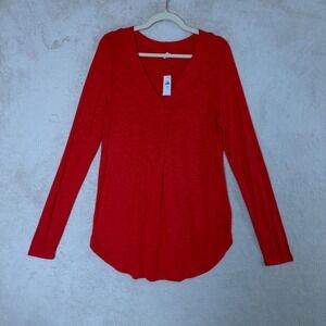 Old Navy Luxe V-Neck Long Sleeve Tee Red Slub Knit Top M Tall Minimalist NWT